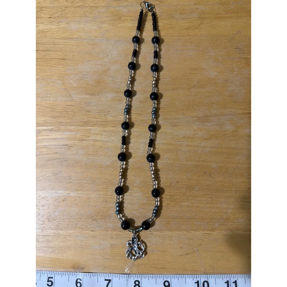 Octopus Charm Necklace Black Gray Beaded Pendant Ocean Themed Coastal Gift‎